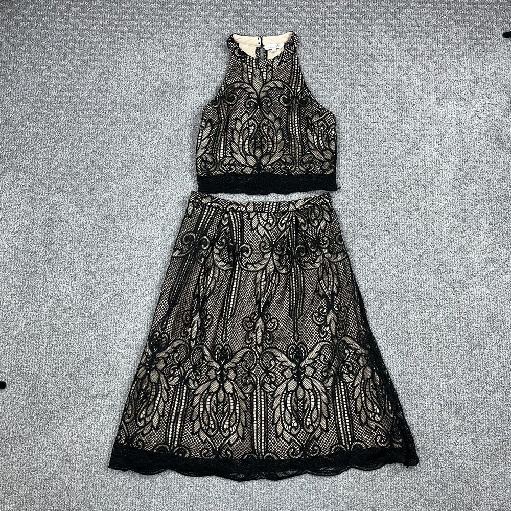 Francesca's Skirt Set Womens Small Black Lace Crop Top Midi Party Cocktail